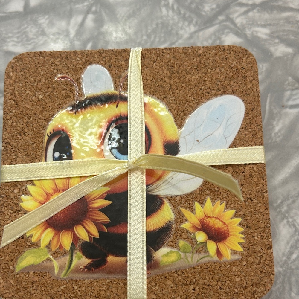 Cute Bee and Sunflower Cork Coasters